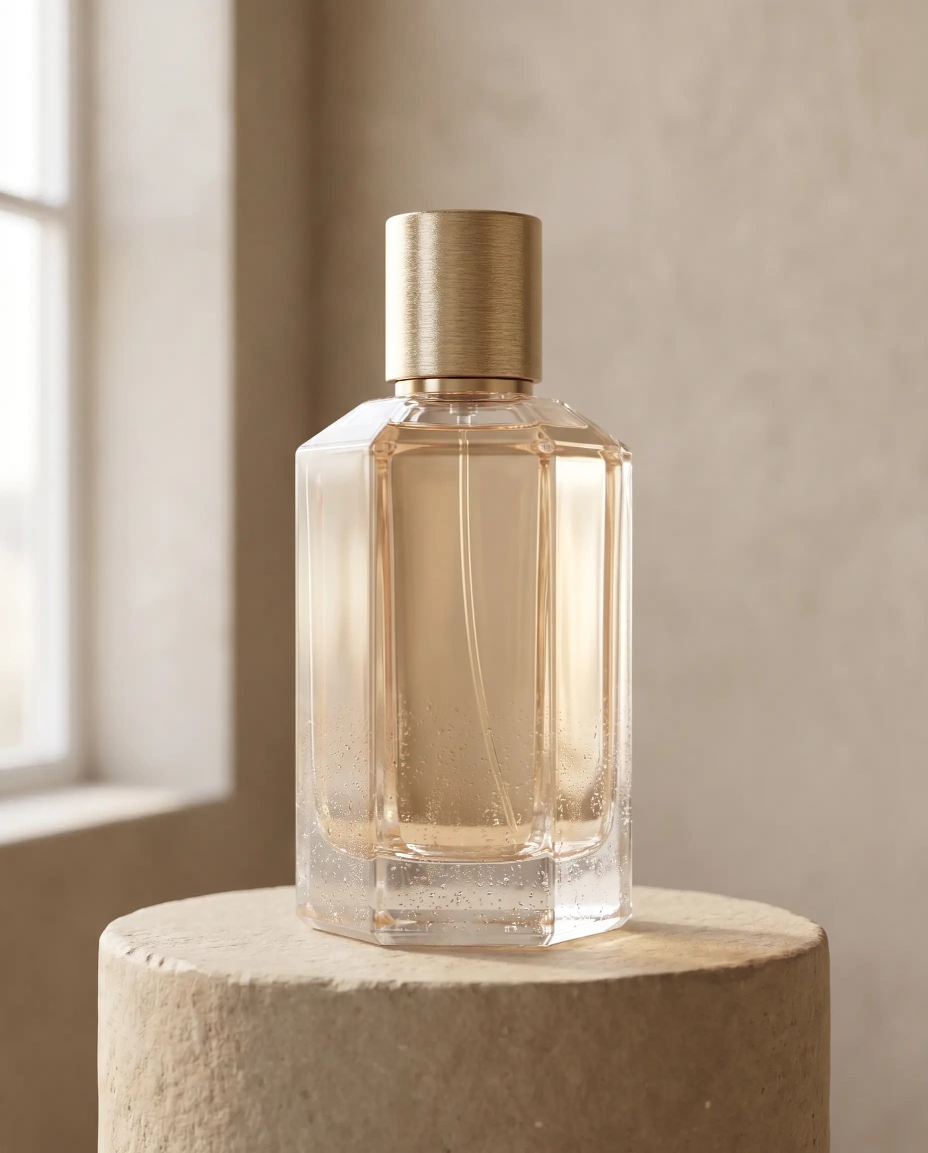 AI-generated perfume product photograph on a dark studio backdrop